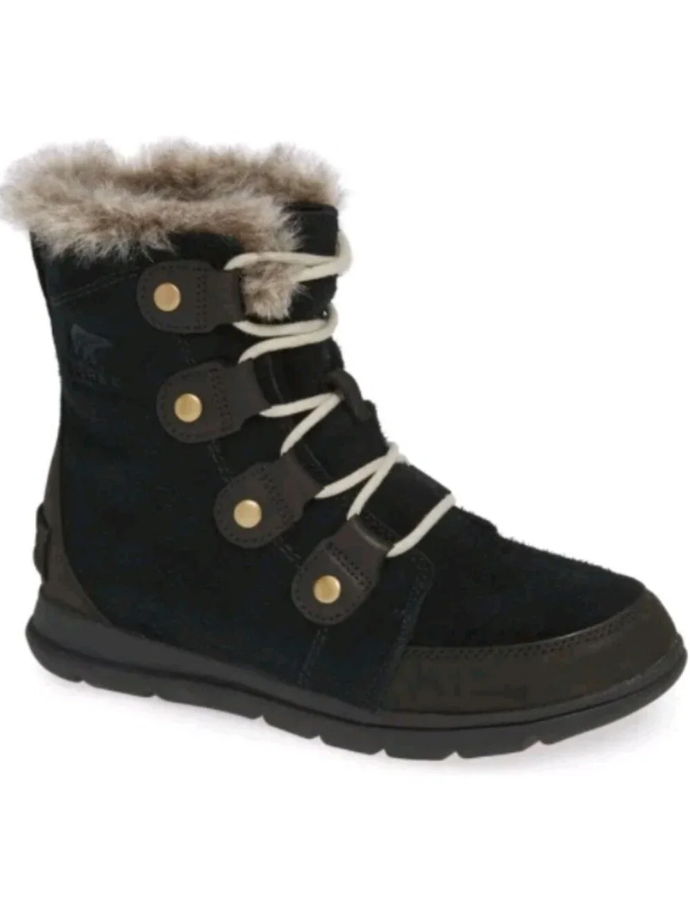 Womens Sorel Explorer Joan Suede Black Faux-Fur Lace-Up Winter Boots Size 8.5
